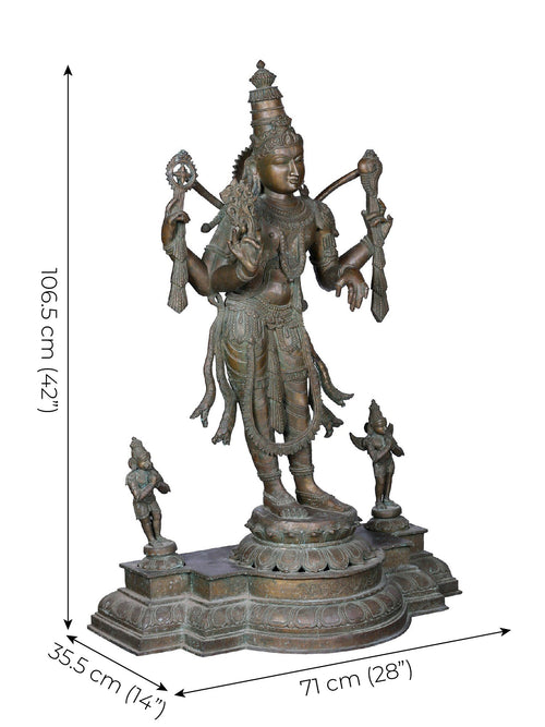 Chaturbhuja Vishnu with Garuda and Hanuman in Panchaloha Bronze – Swamimalai, Tamil Nadu