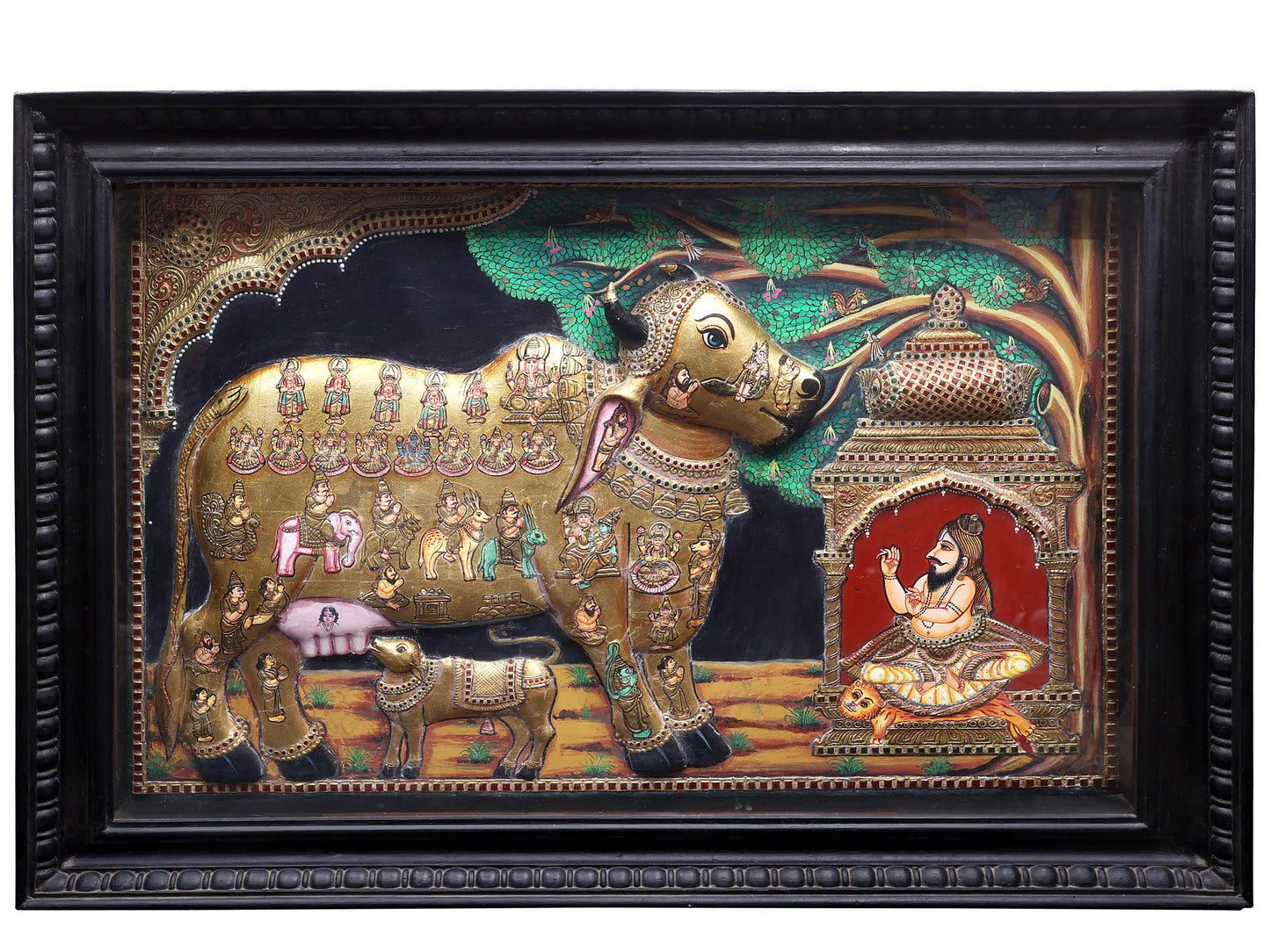 Kasyapa Worshipping of Kamdhenu Cow with Calf | Traditional Colors With 24K Gold | Handmade Tanjore Painting