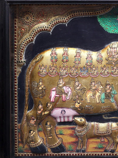 Kasyapa Worshipping of Kamdhenu Cow with Calf | Traditional Colors With 24K Gold | Handmade Tanjore Painting