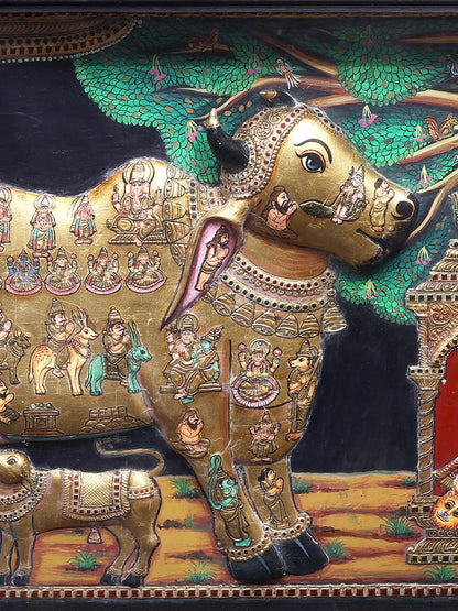 Kasyapa Worshipping of Kamdhenu Cow with Calf | Traditional Colors With 24K Gold | Handmade Tanjore Painting