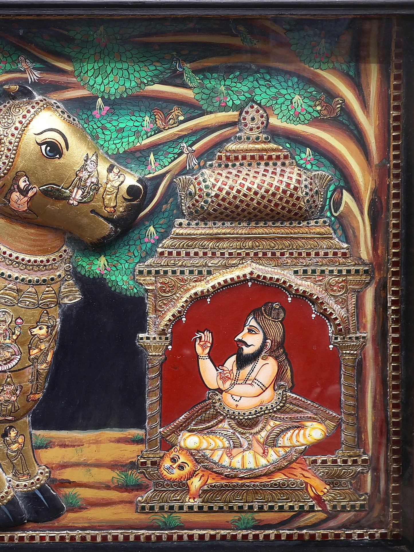 Kasyapa Worshipping of Kamdhenu Cow with Calf | Traditional Colors With 24K Gold | Handmade Tanjore Painting