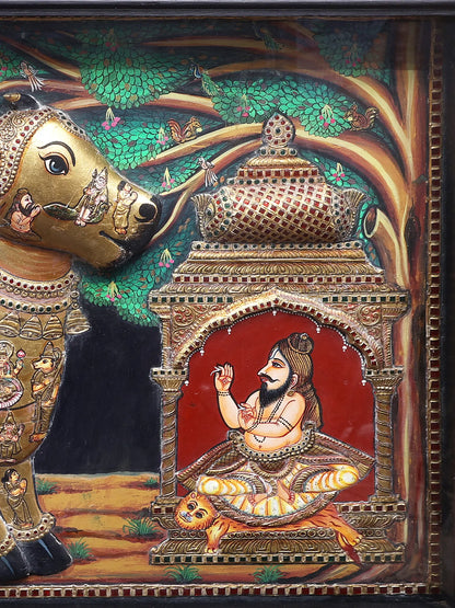 Kasyapa Worshipping of Kamdhenu Cow with Calf | Traditional Colors With 24K Gold | Handmade Tanjore Painting