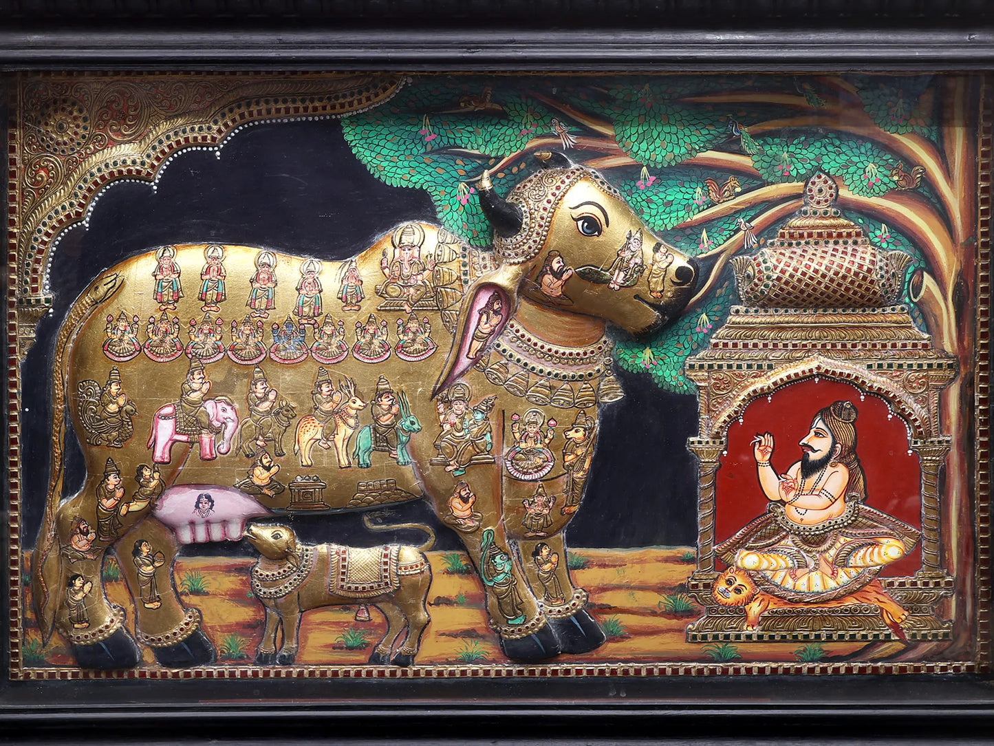Kasyapa Worshipping of Kamdhenu Cow with Calf | Traditional Colors With 24K Gold | Handmade Tanjore Painting
