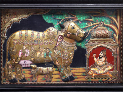 Kasyapa Worshipping of Kamdhenu Cow with Calf | Traditional Colors With 24K Gold | Handmade Tanjore Painting