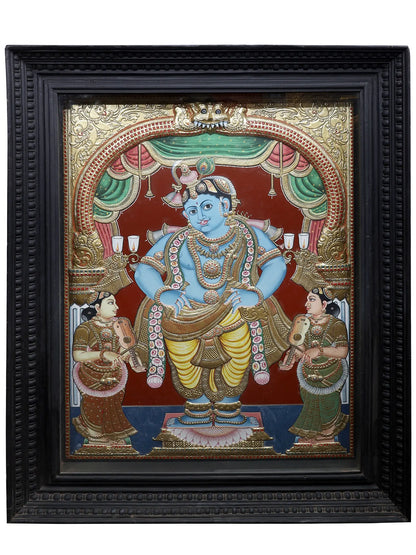Satyabhama and Rukmani with Lord Krishna | Traditional Colors With 24K Gold | Handmade Tanjore Painting