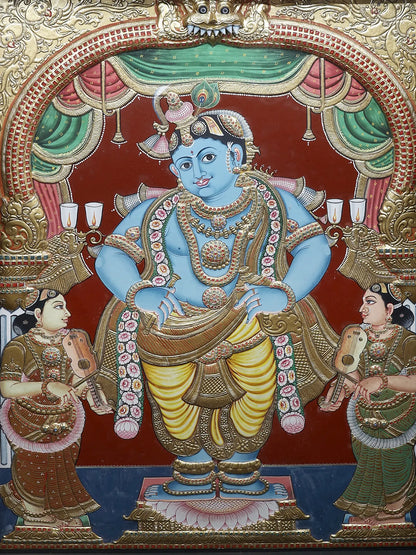 Satyabhama and Rukmani with Lord Krishna | Traditional Colors With 24K Gold | Handmade Tanjore Painting