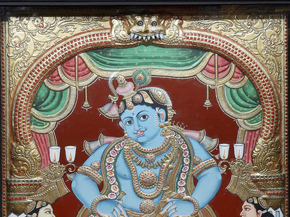 Satyabhama and Rukmani with Lord Krishna | Traditional Colors With 24K Gold | Handmade Tanjore Painting