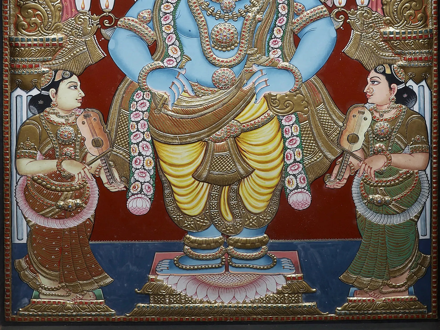 Satyabhama and Rukmani with Lord Krishna | Traditional Colors With 24K Gold | Handmade Tanjore Painting