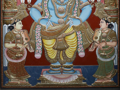 Satyabhama and Rukmani with Lord Krishna | Traditional Colors With 24K Gold | Handmade Tanjore Painting