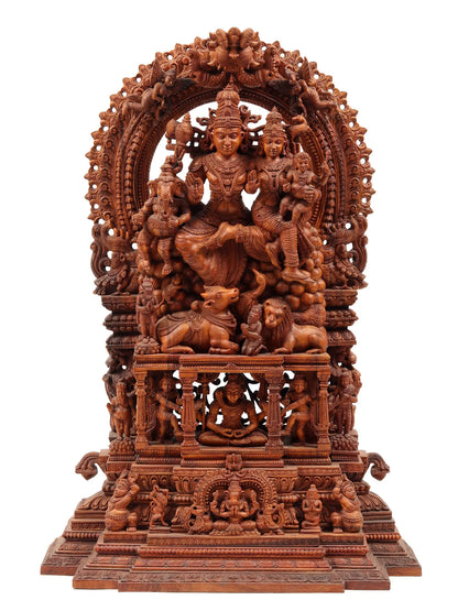 48" Shiva Family - The Universe of Bhagawan Shiva (Award Winning Sculpture) | Teakwood Statue for Temple with Carving