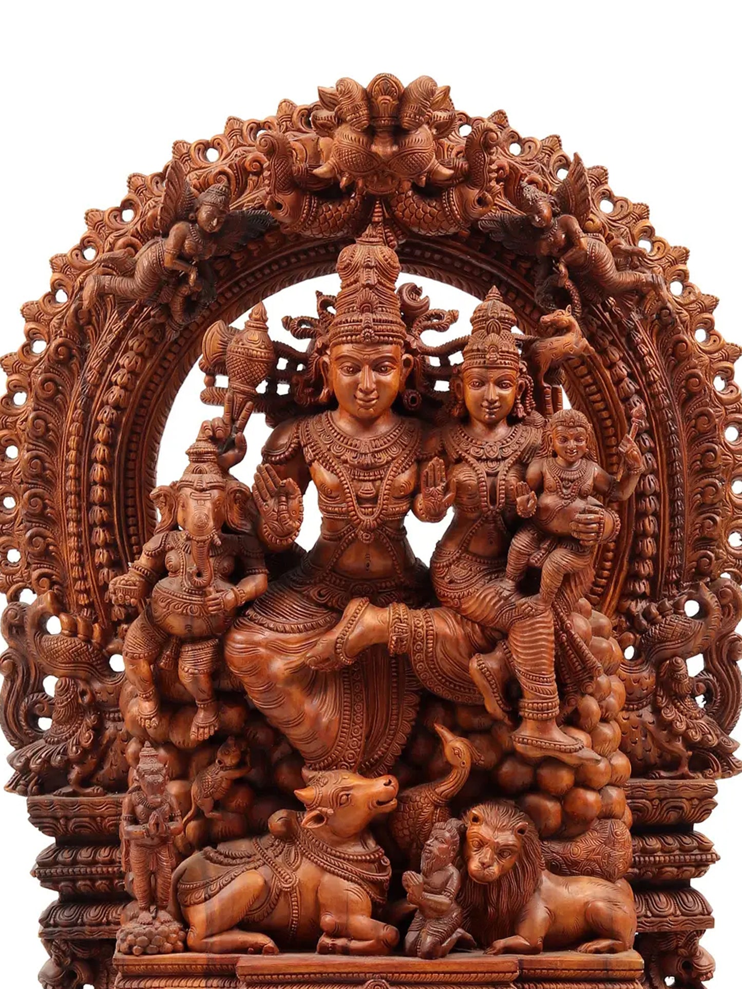 48" Shiva Family - The Universe of Bhagawan Shiva (Award Winning Sculpture) | Teakwood Statue for Temple with Carving