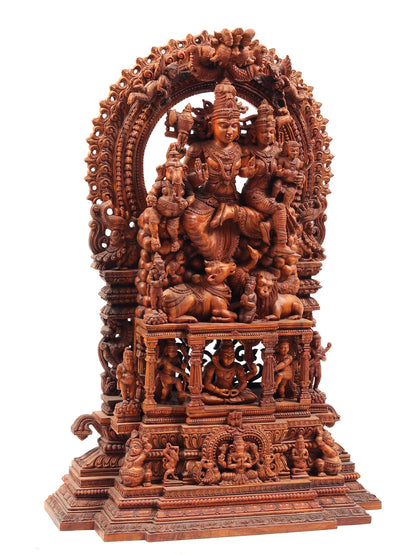 48" Shiva Family - The Universe of Bhagawan Shiva (Award Winning Sculpture) | Teakwood Statue for Temple with Carving