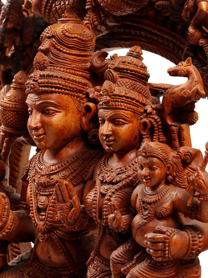 48" Shiva Family - The Universe of Bhagawan Shiva (Award Winning Sculpture) | Teakwood Statue for Temple with Carving