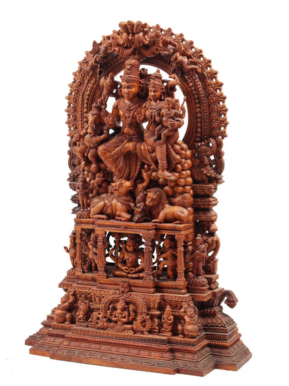 48" Shiva Family - The Universe of Bhagawan Shiva (Award Winning Sculpture) | Teakwood Statue for Temple with Carving