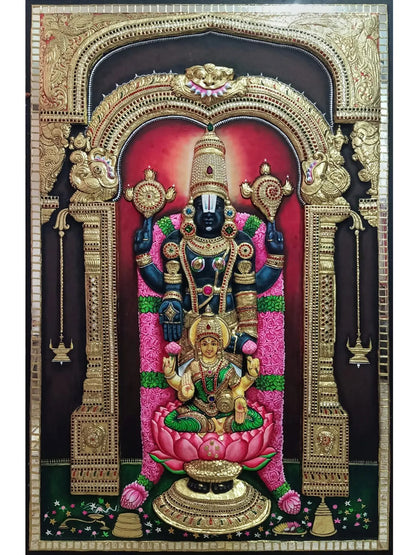 Masterpiece of Lord Venkateswara with Goddess Lakshmi | Handmade Tanjore Painting