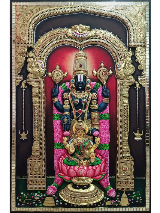 Masterpiece of Lord Venkateswara with Goddess Lakshmi | Handmade Tanjore Painting