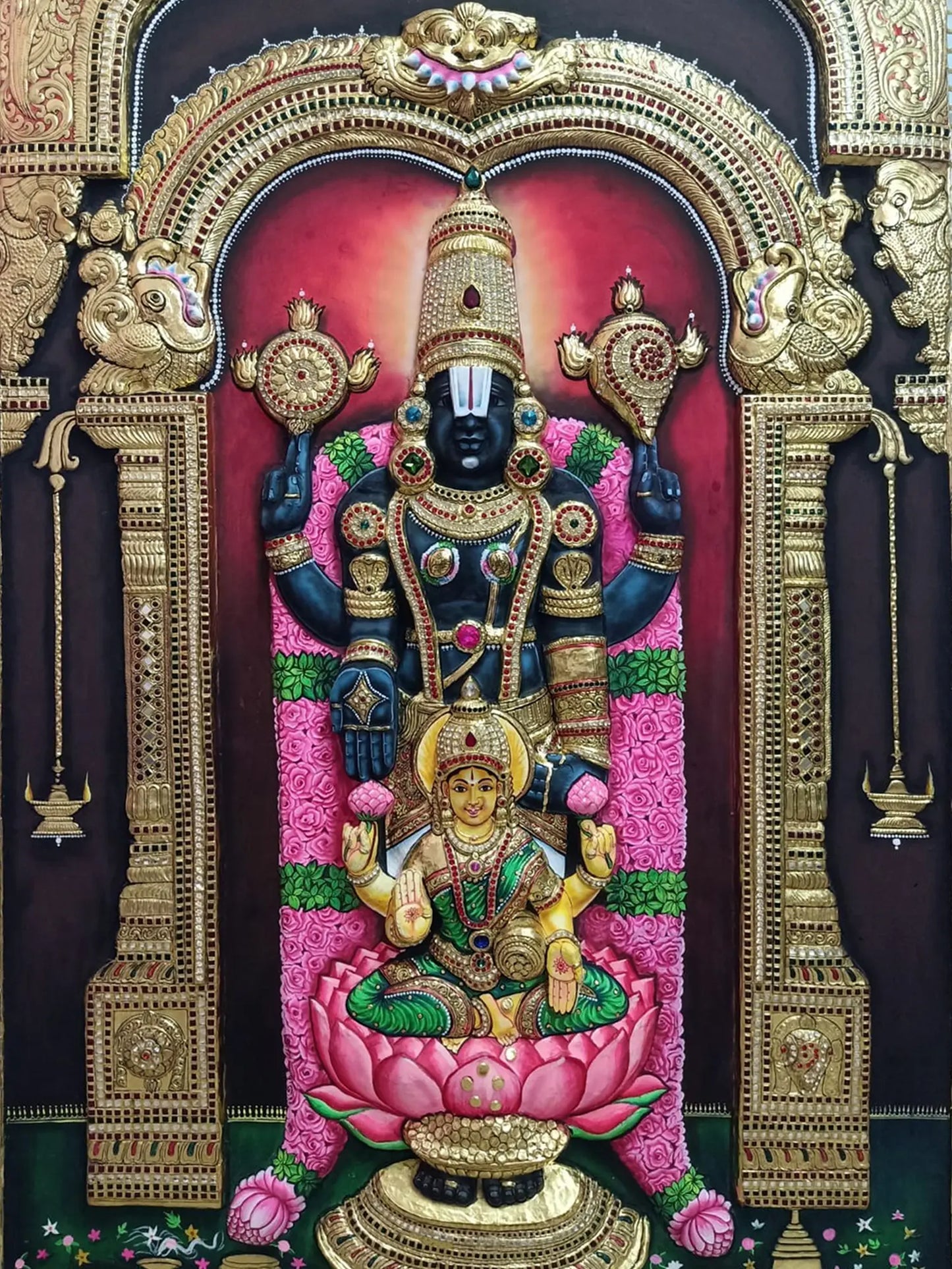 Masterpiece of Lord Venkateswara with Goddess Lakshmi | Handmade Tanjore Painting