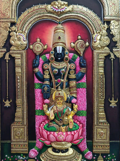 Masterpiece of Lord Venkateswara with Goddess Lakshmi | Handmade Tanjore Painting