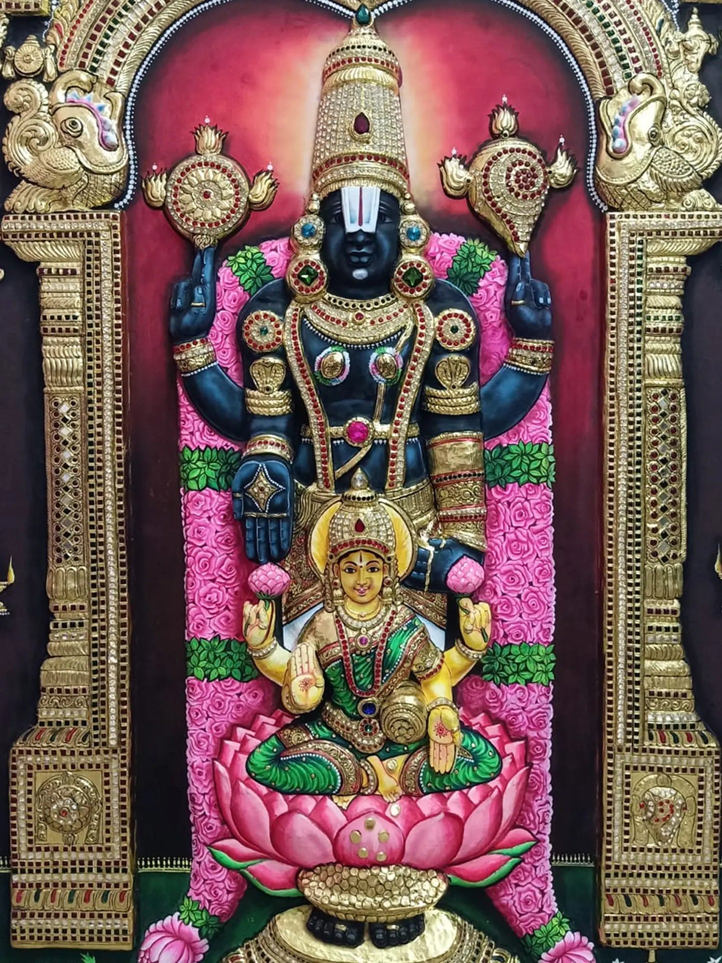 Masterpiece of Lord Venkateswara with Goddess Lakshmi | Handmade Tanjore Painting