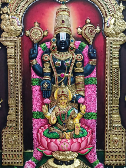 Masterpiece of Lord Venkateswara with Goddess Lakshmi | Handmade Tanjore Painting
