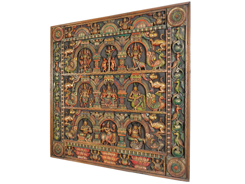 Lilas of Lord Vishnu Wood Panel - The Many Lilas Held in Architectural Order