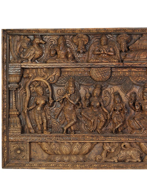 Lord Vishnu with Lakshmi in Carved Wood - Large Wall Panel
