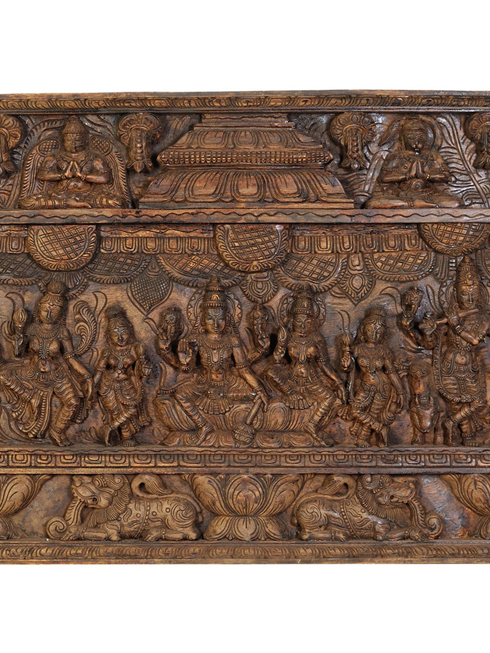 Lord Vishnu with Lakshmi in Carved Wood - Large Wall Panel