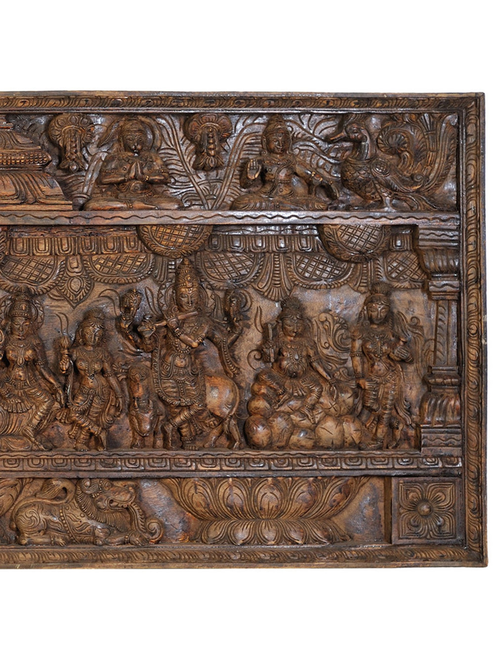 Lord Vishnu with Lakshmi in Carved Wood - Large Wall Panel