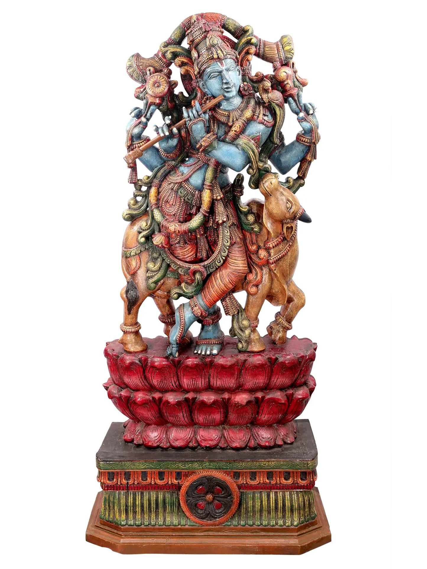 82" Blue-Hued Krishna Charms with His Flute and Cow | Wood Carved Sculpture for Temple