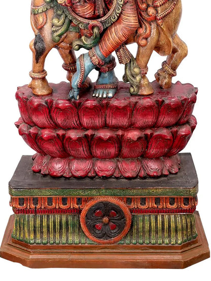82" Blue-Hued Krishna Charms with His Flute and Cow | Wood Carved Sculpture for Temple
