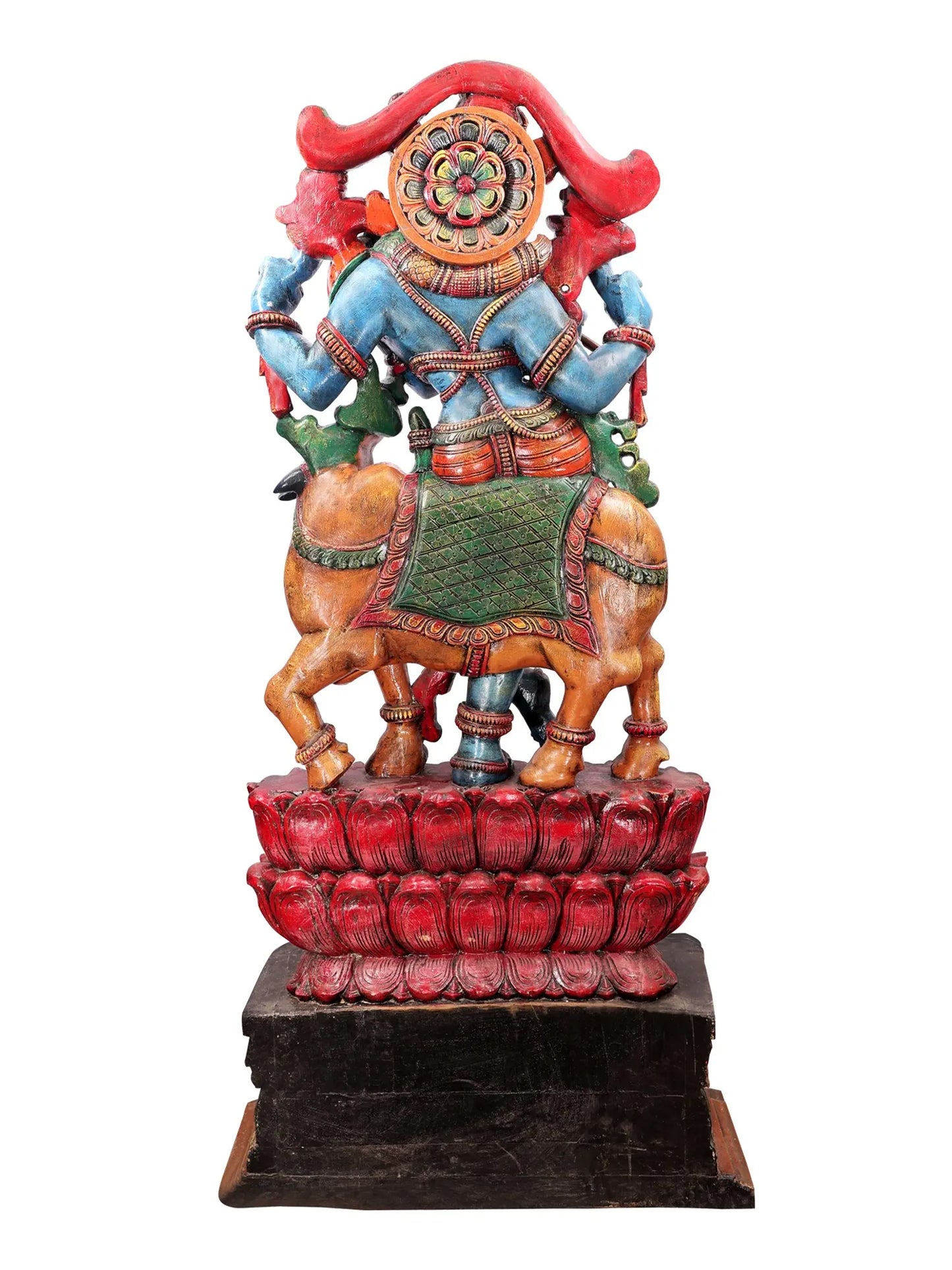 82" Blue-Hued Krishna Charms with His Flute and Cow | Wood Carved Sculpture for Temple