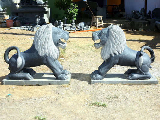 32" Large Lion Pair Statue | Hard Granite Stone Sculpture | (Shipped by Sea Overseas)