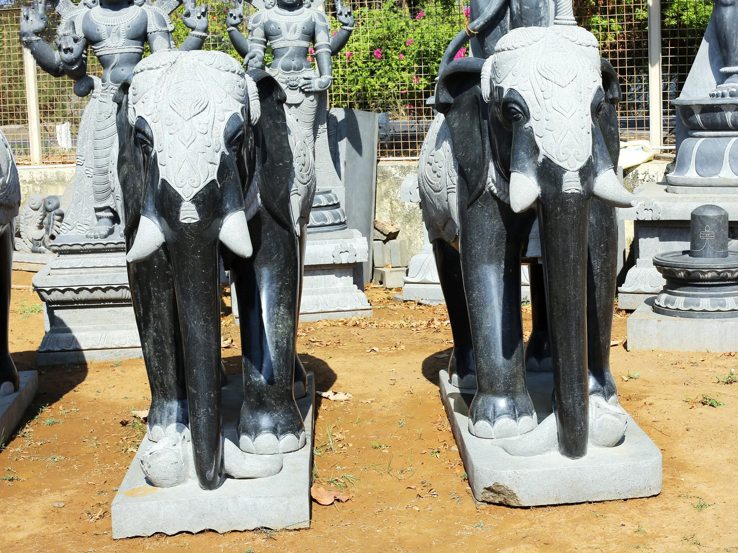 67" Large Pair of Elephant Statue for Garden | Hard Granite Stone Sculpture | (Shipped by Sea Overseas)