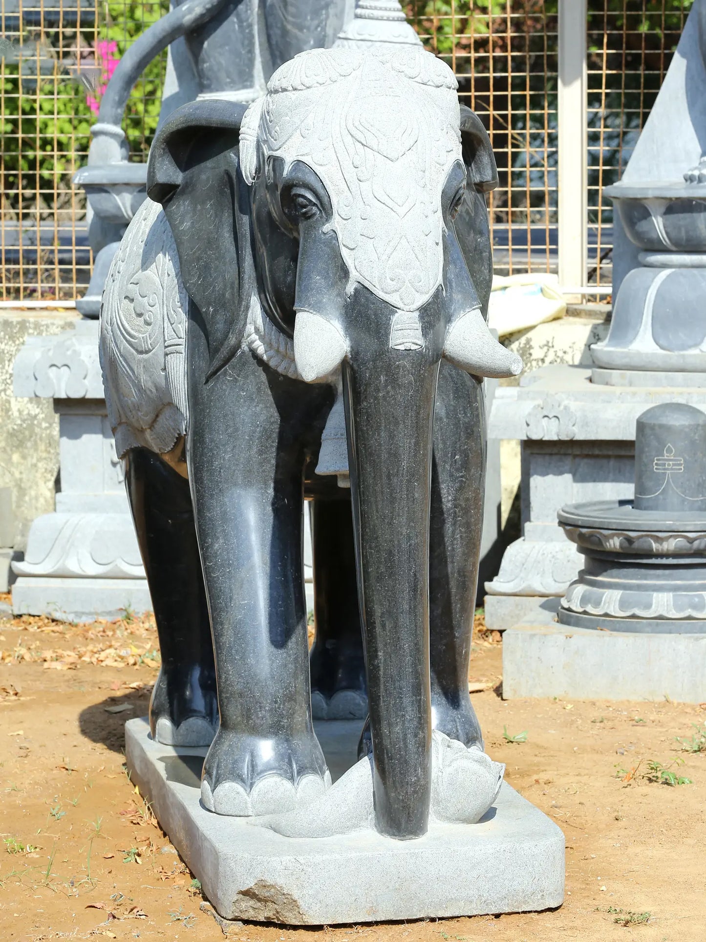 67" Large Pair of Elephant Statue for Garden | Hard Granite Stone Sculpture | (Shipped by Sea Overseas)