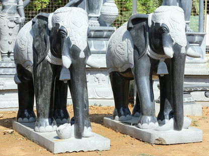 67" Large Pair of Elephant Statue for Garden | Hard Granite Stone Sculpture | (Shipped by Sea Overseas)