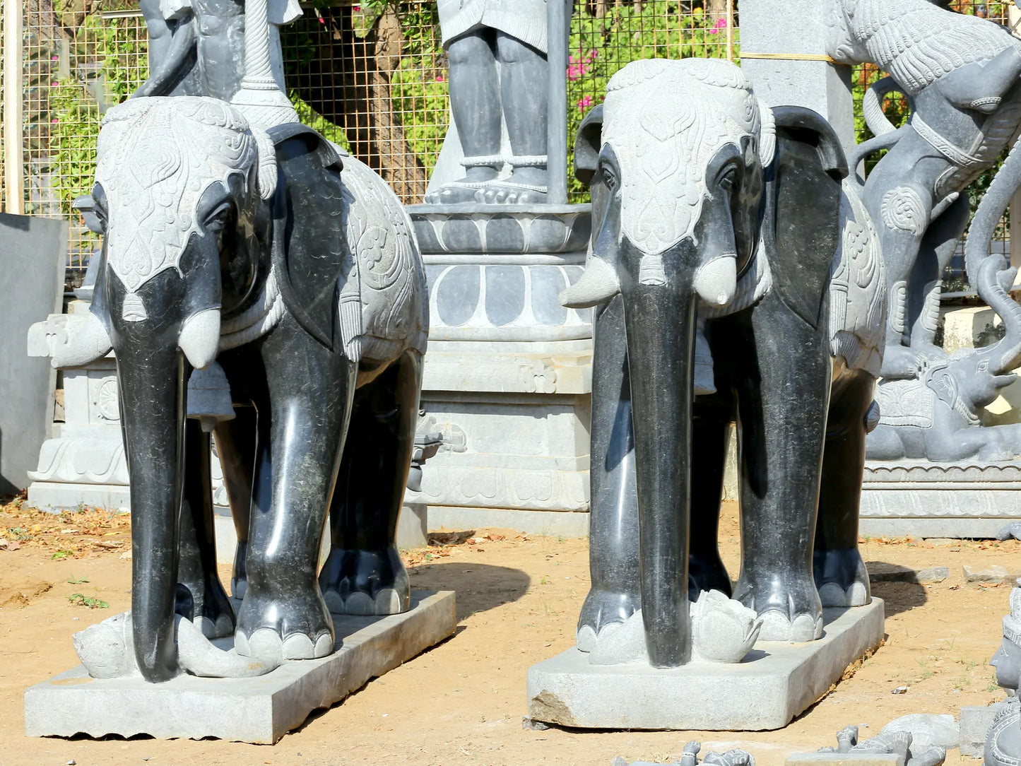 67" Large Pair of Elephant Statue for Garden | Hard Granite Stone Sculpture | (Shipped by Sea Overseas)