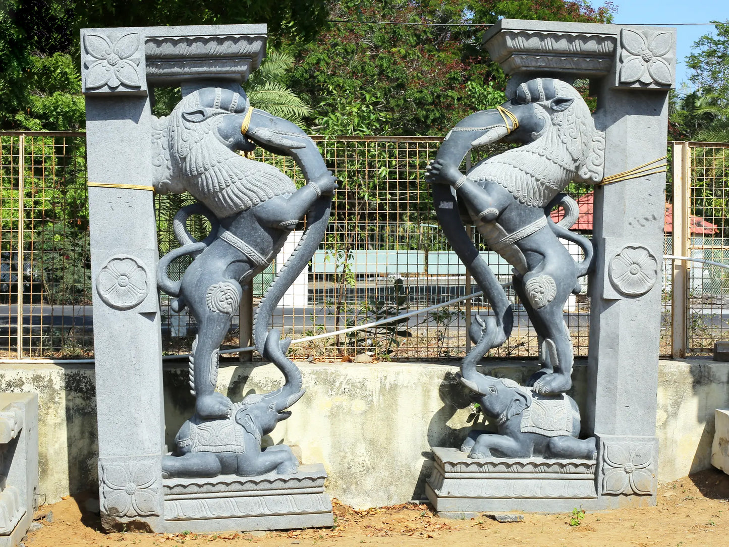 96" Large Pair of Yali Bracket | Hard Granite Stone Statue | (Shipped by Sea Overseas)