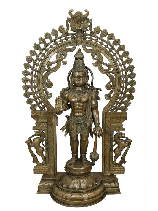 45" Lord Hanuman in Ashirwad Mudra with Kirtimukha Prabhavali | Panchaloha Bronze Statue from Swamimalai