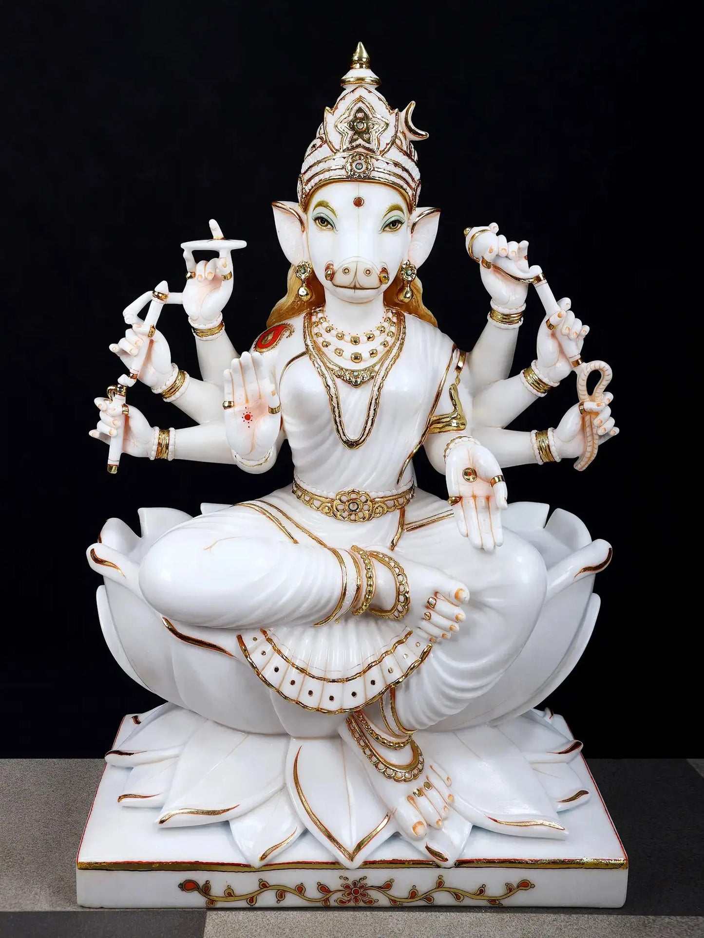 36" Superfine Goddess Varahi Staute with Eight Arms | White Marble Sculpture | Statue for Temple