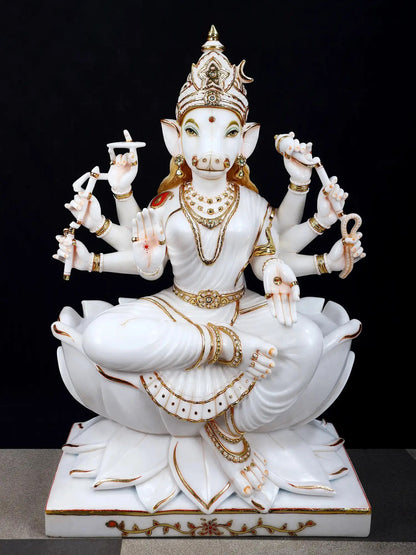 36" Superfine Goddess Varahi Staute with Eight Arms | White Marble Sculpture | Statue for Temple