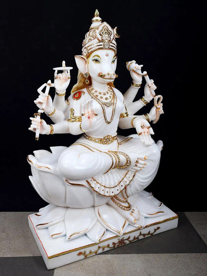 36" Superfine Goddess Varahi Staute with Eight Arms | White Marble Sculpture | Statue for Temple