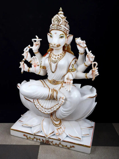 36" Superfine Goddess Varahi Staute with Eight Arms | White Marble Sculpture | Statue for Temple