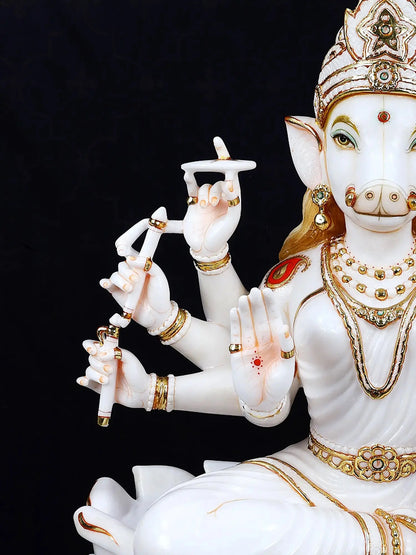36" Superfine Goddess Varahi Staute with Eight Arms | White Marble Sculpture | Statue for Temple