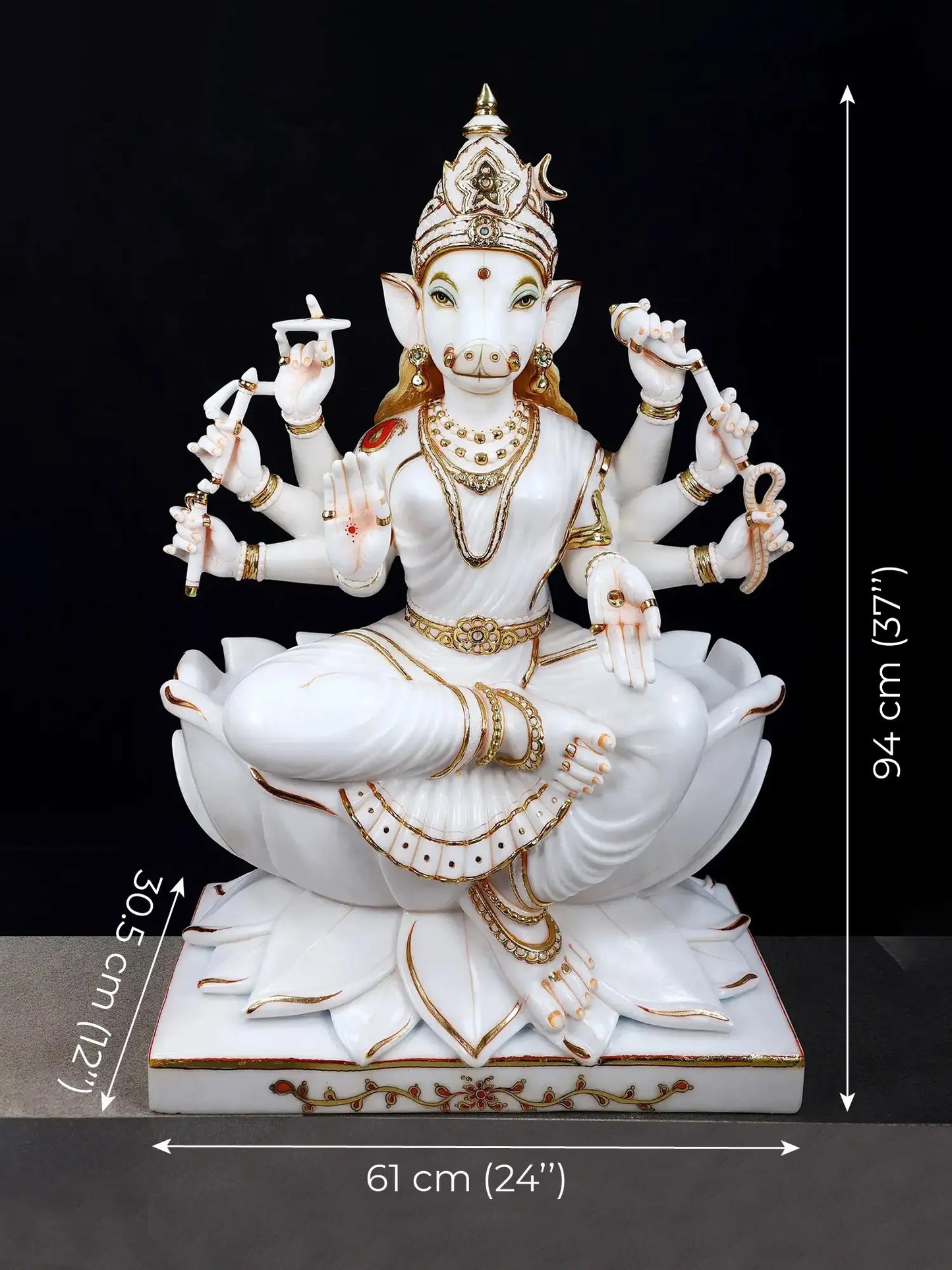 36" Superfine Goddess Varahi Staute with Eight Arms | White Marble Sculpture | Statue for Temple