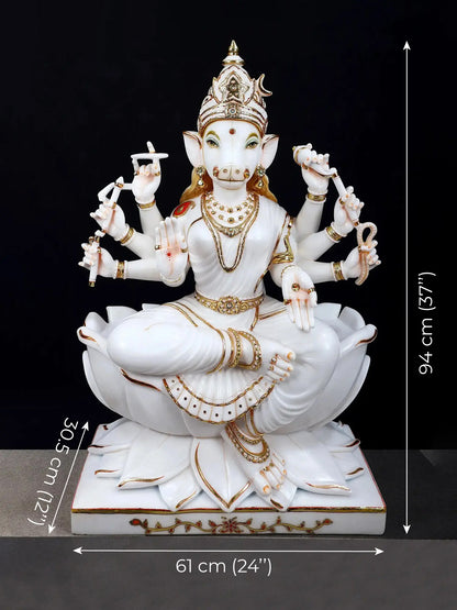 36" Superfine Goddess Varahi Staute with Eight Arms | White Marble Sculpture | Statue for Temple