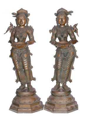 South Indian Deepalakshmi (Lady With Lamp) Pair- Bronze Statues