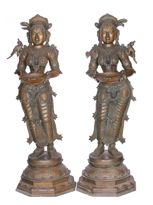 South Indian Deepalakshmi (Lady With Lamp) Pair- Bronze Statues