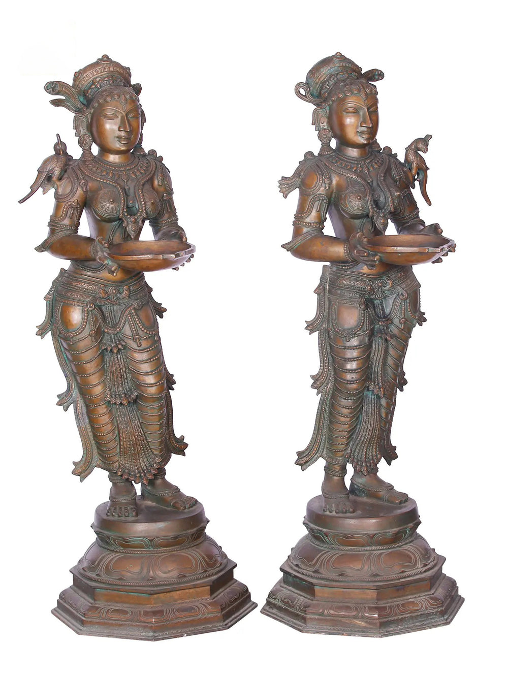 South Indian Deepalakshmi (Lady With Lamp) Pair - Bronze Statues
