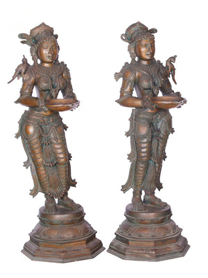 South Indian Deepalakshmi (Lady With Lamp) Pair - Bronze Statues