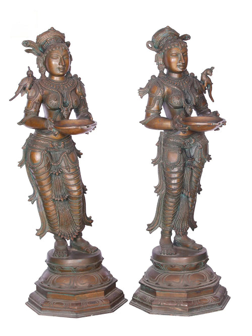 South Indian Deepalakshmi (Lady With Lamp) Pair - Bronze Statues